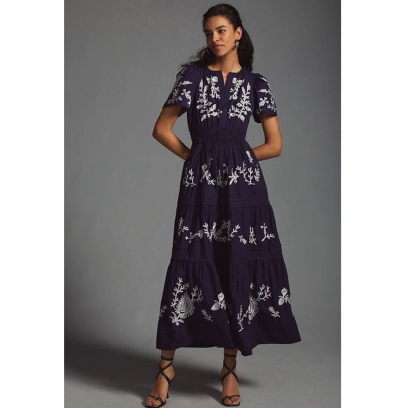 ANTHROPOLOGIE The Somerset Maxi Dress Embroidered Edition Navy Blue size XS P - Picture 1 of 10